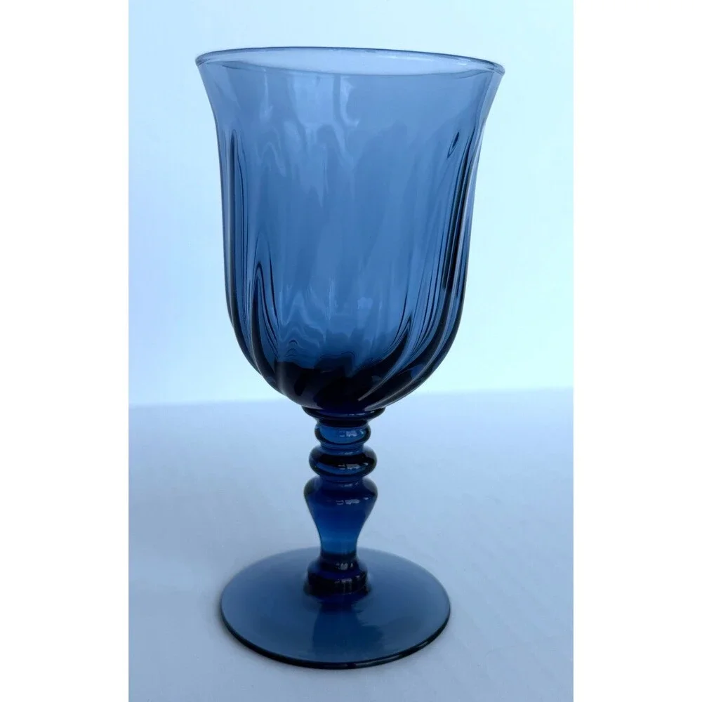 Gorham Crystal Gentry Blue Swirl Optic Glass Wine Goblet Vintage Stemware